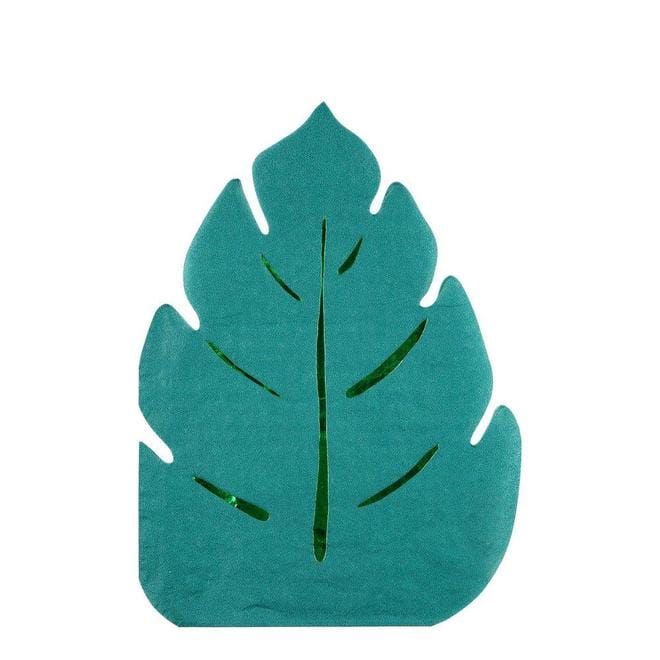 A die-cut paper napkin shaped like a tropical leaf with green foil details on a white background.