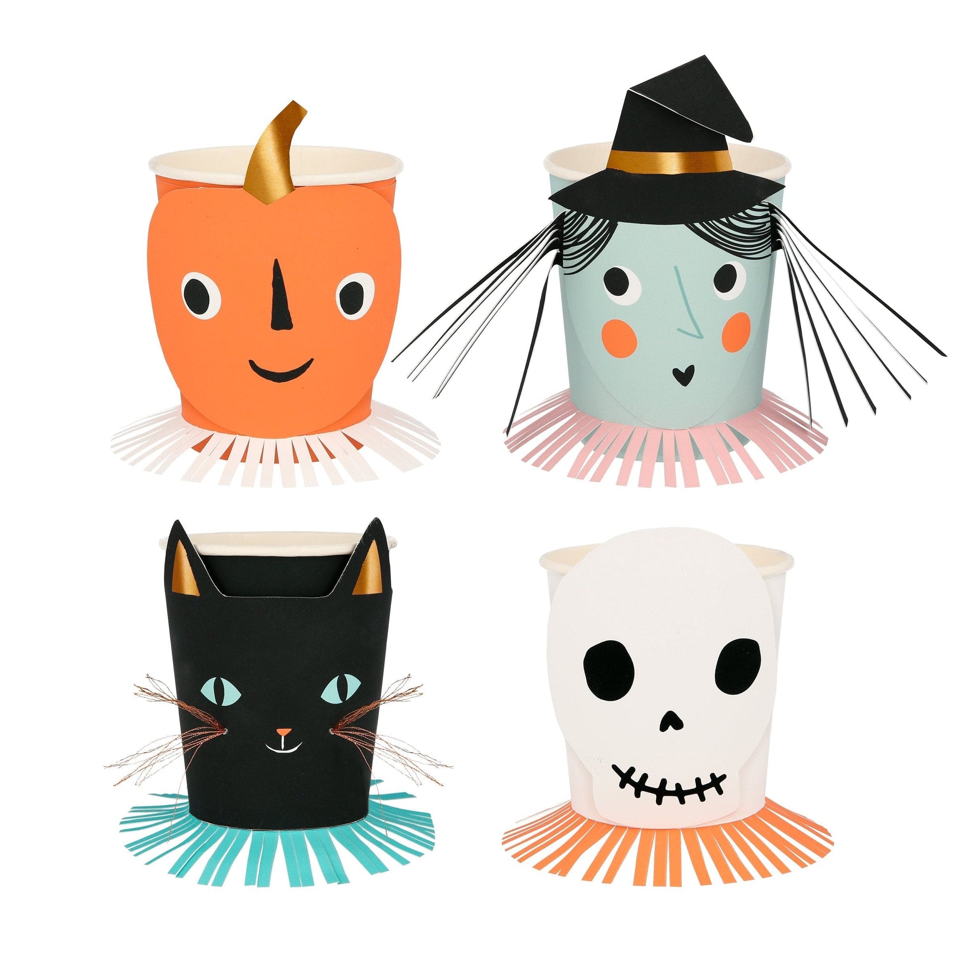 Retro Witch, Black Cat, Jack O'Lantern, and Skeleton Cups