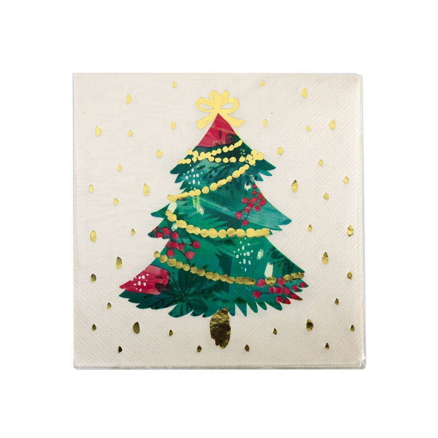 Pink Watercolour Christmas Tree Gold Foil Napkins